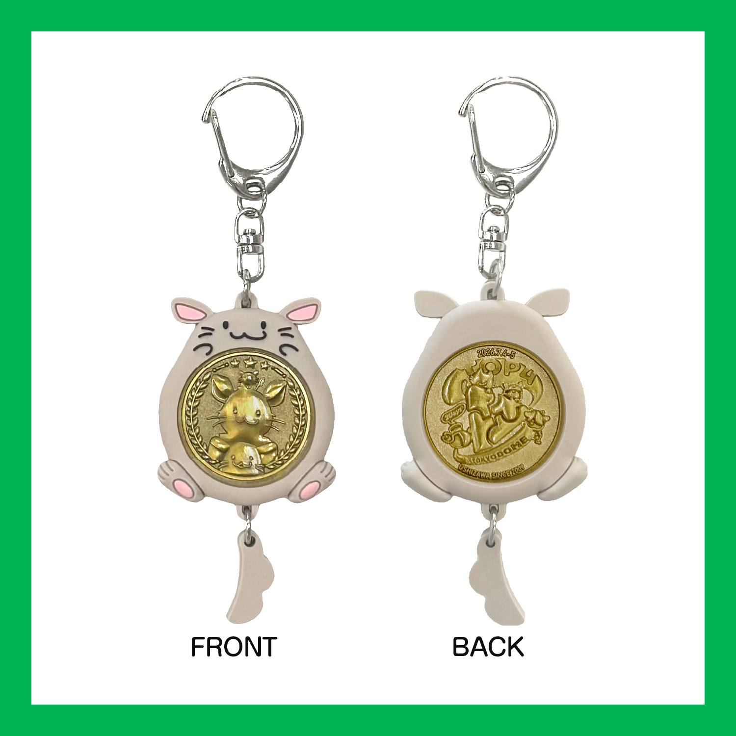 Front and back views of a medal coin keychain showing a gold coin set in an animal-shaped pink-accented plastic holder with a metal clasp.