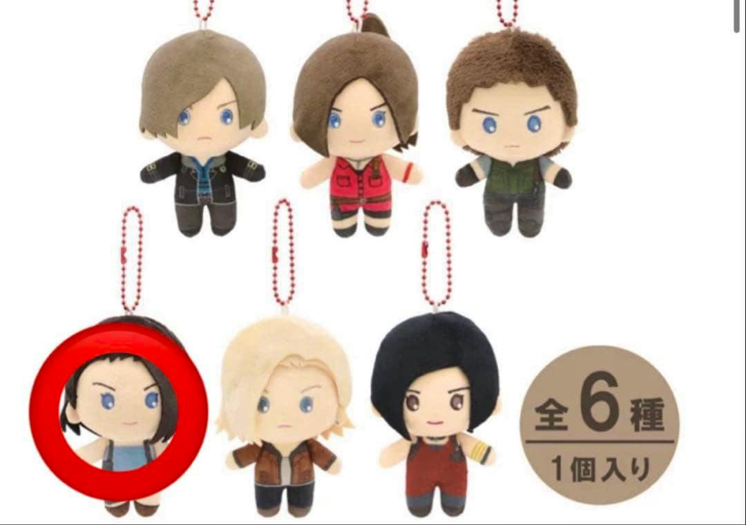 Six USJ Biohazard collectible mascot plush keychain toys displayed on a white background, with one plush circled in red.