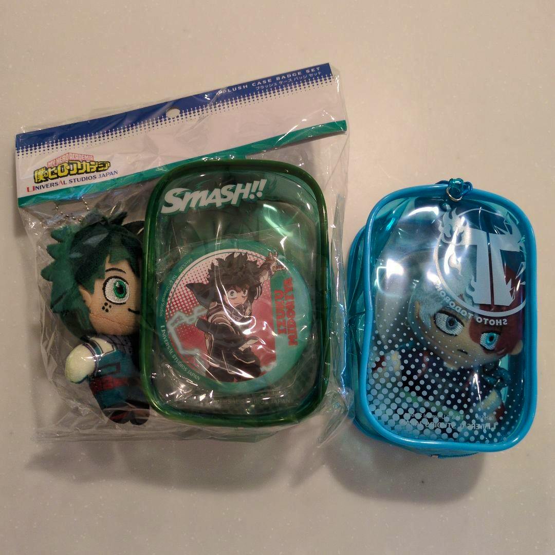 USJ My Hero Academia mascot pouch set in original packaging showing a green “SMASH!!” pouch with a Deku badge, a small Deku plush, and a blue Todoroki pouch.