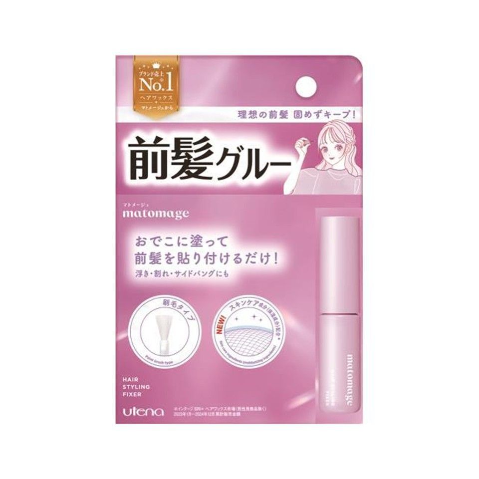 Packaged Utena Matomage front-bang hair glue showing the pink tube and retail card with Japanese text.
