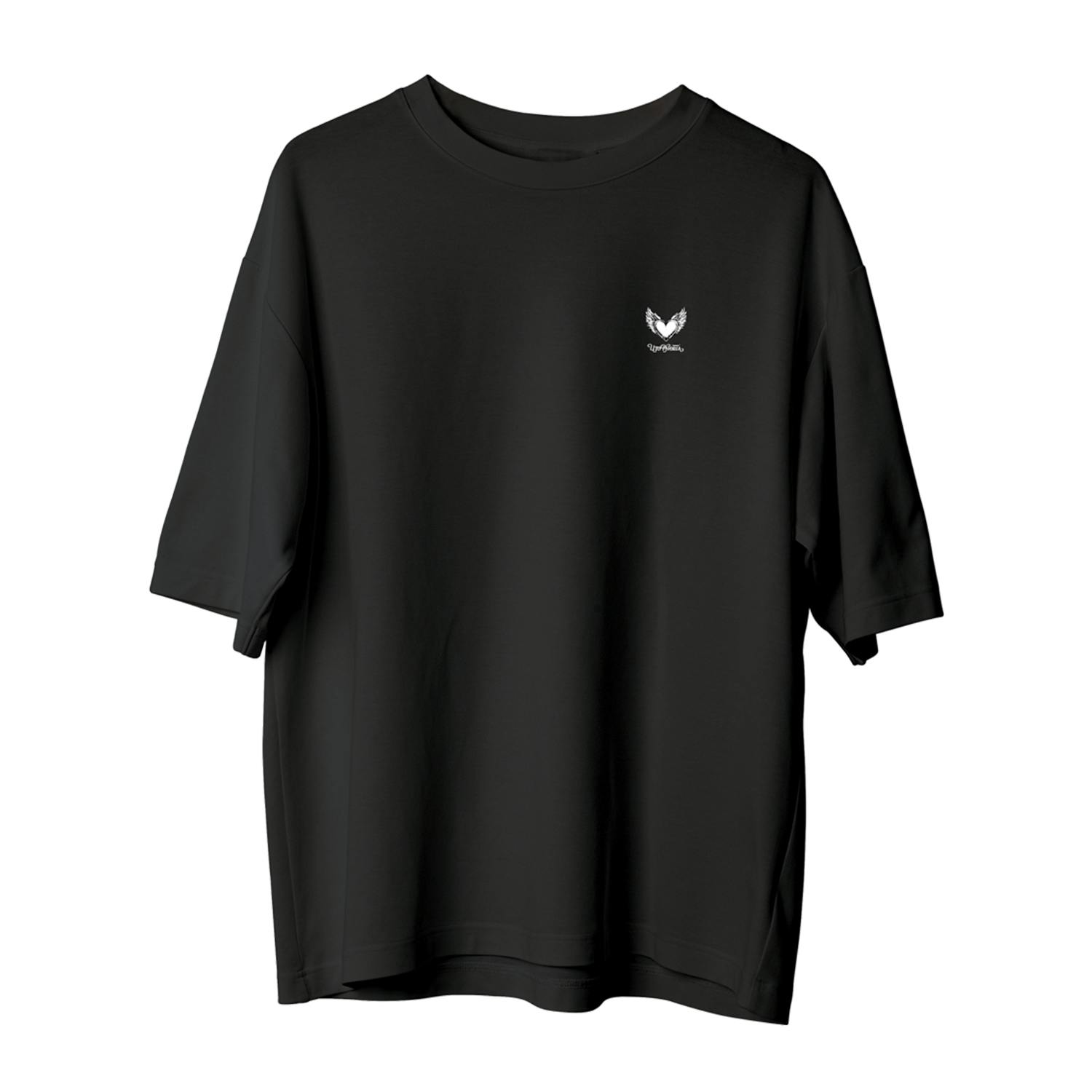 Front view of a black UTOPHORIA T-shirt on a white background with a small chest logo.