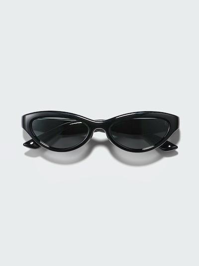 Black plastic UV protection cat-eye sunglasses centered on a light background.