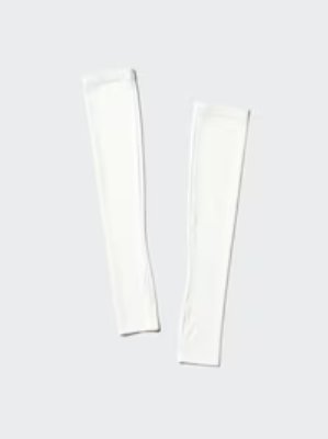Two white arm covers displayed on a light background.