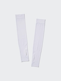 Two white seamless UV-cut nylon arm covers laid flat on a light background.