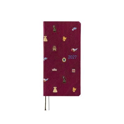 Front view of a burgundy hardcover diary with small decorative icons, '2027' on the cover, and two ribbon bookmarks.