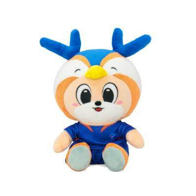 Front view of the Vivi-kun plush sitting against a white background, showing blue antlers, a yellow beak-like nose, orange face markings, and a blue outfit.