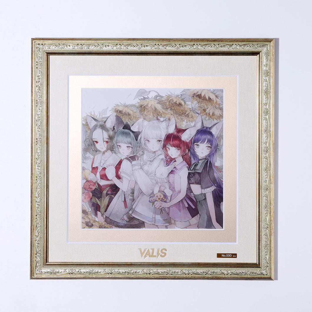 Framed art print showing five illustrated characters with the VALIS logo on the mat.
