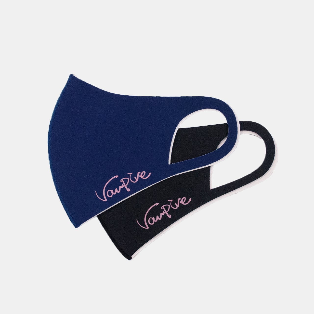 Two face masks (set) shown overlapping on a light background, one navy and one black, each with pink "Vampire" script.