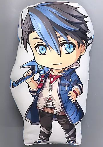 Front view of a die-cut chibi character cushion (ヴァン・アークライド) wearing a blue jacket on a neutral background.