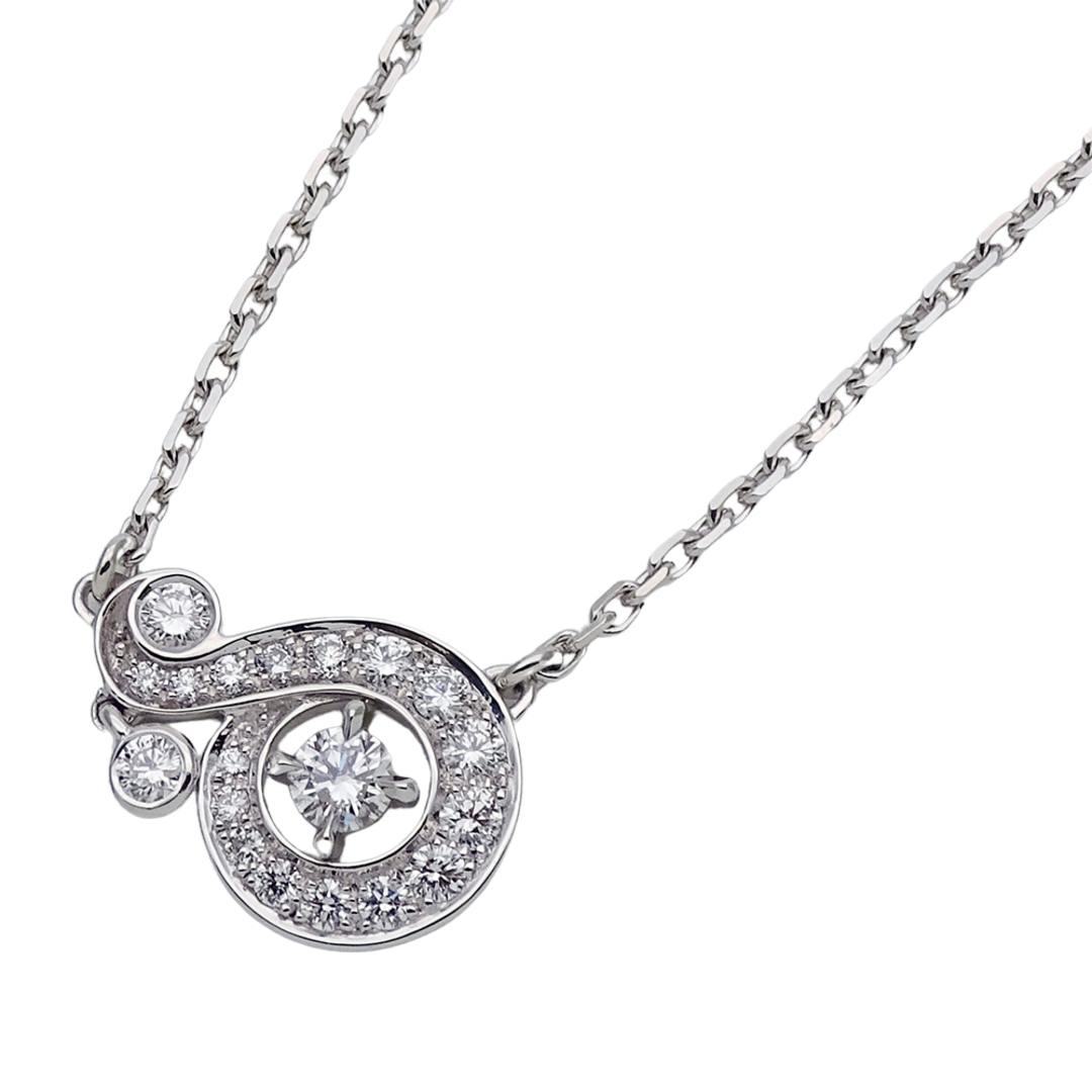 White gold necklace pendant with circular pavé-set diamonds and a central diamond, shown on its chain.