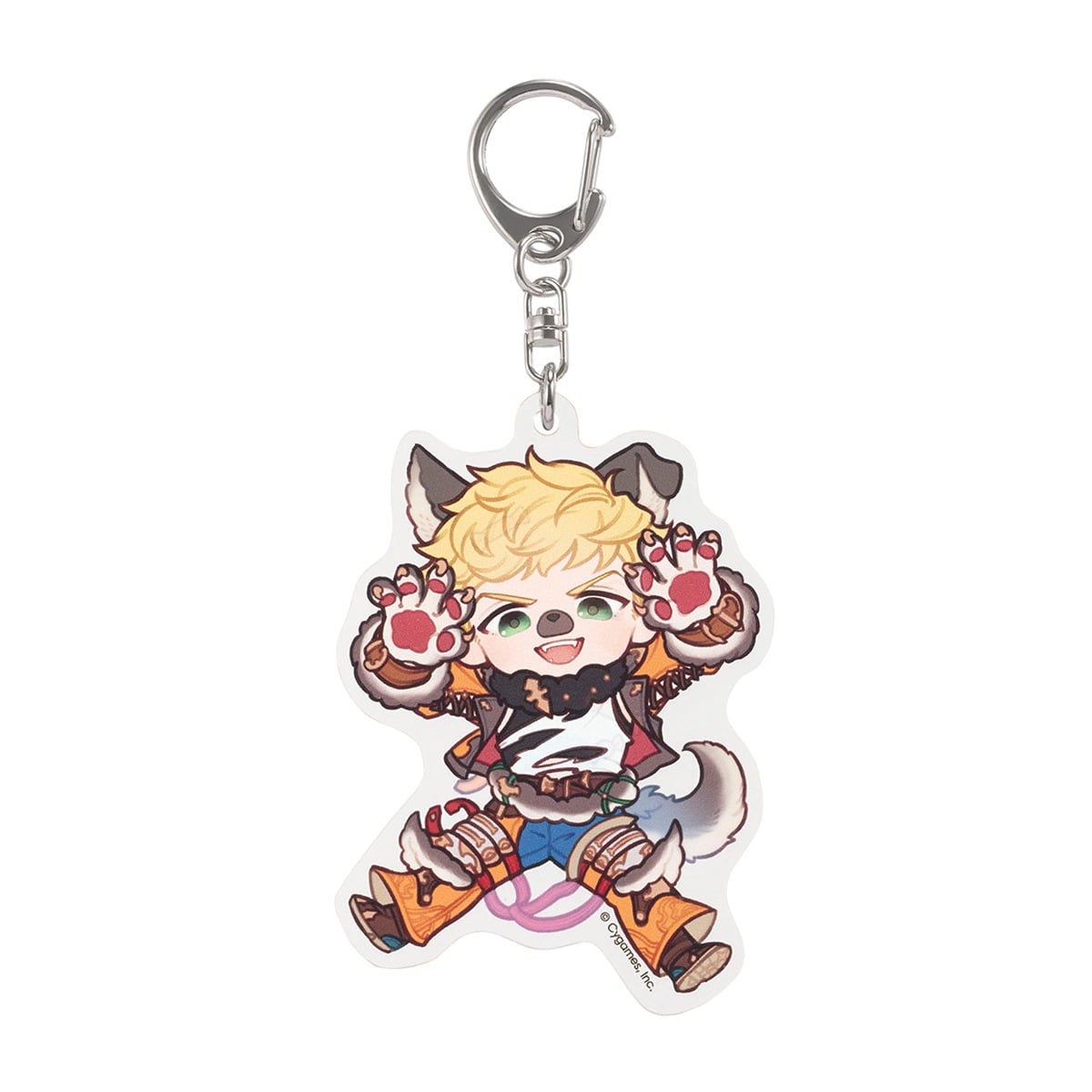 A reversible acrylic keychain showing a chibi character with blond hair, animal ears, a tail, and paw-shaped gloves attached to a metal key clasp.