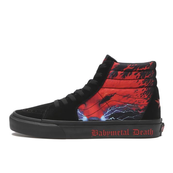 Side view of a black-and-red high-top canvas skate sneaker showing red flame and lightning graphics and "Babymetal Death" printed on the black midsole.