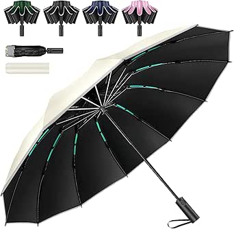 Open reverse-folding VARNIC folding umbrella showing the black inner canopy, light-colored outer canopy, visible ribs, and a straight handle.