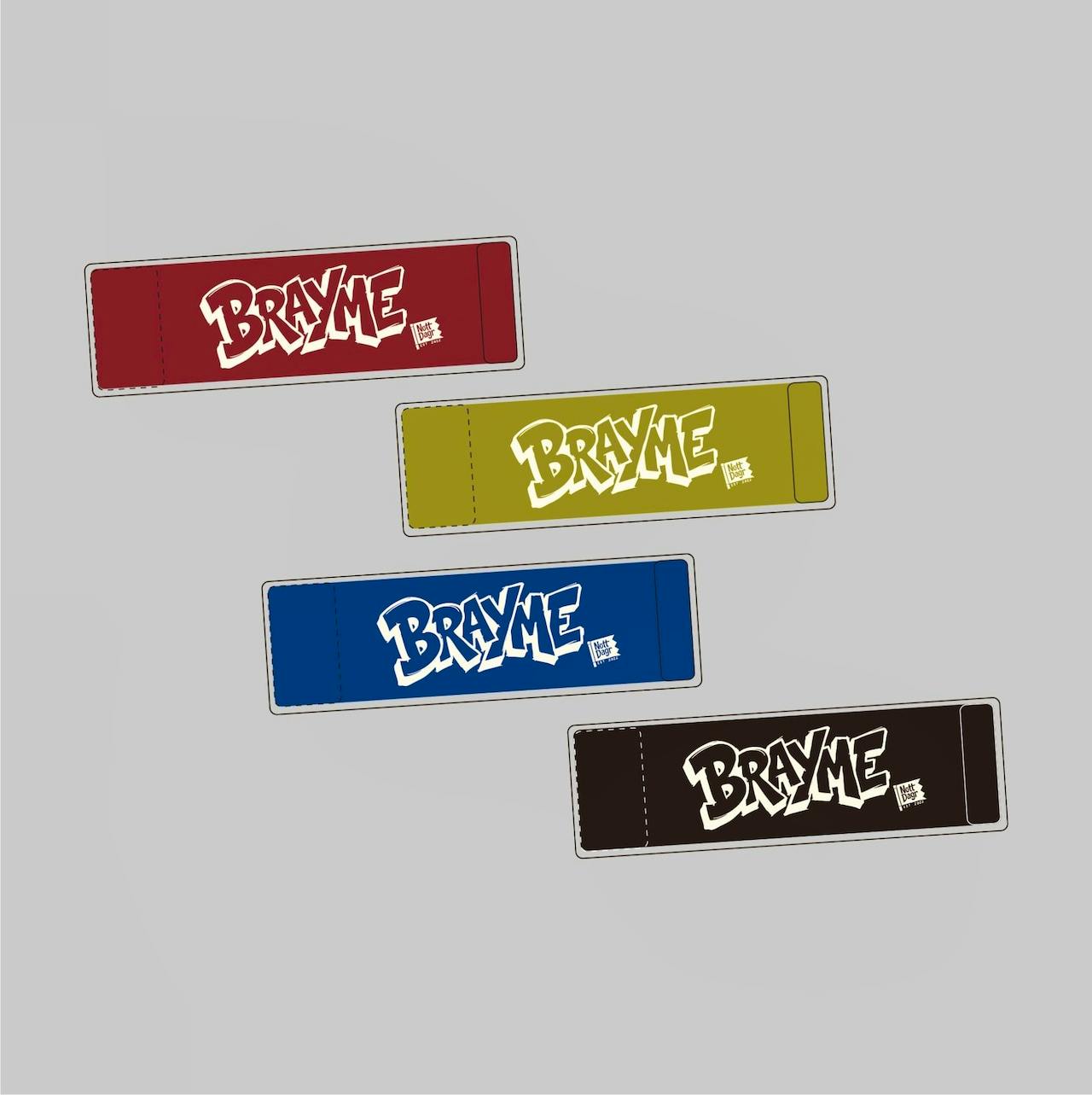 Four rectangular Velcro fabric patches in red, olive, blue, and black each printed with the word "BRAYME" on a gray background.