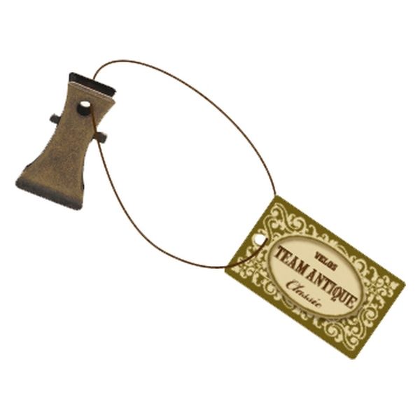 Antique-style small metal clip on a wire loop with a decorative tag reading "TEAM ANTIQUE".