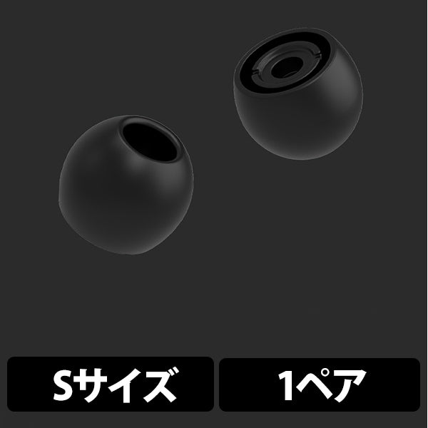 Two black plastic earbud covers (ear tips) shown on a dark background with Japanese size labels.