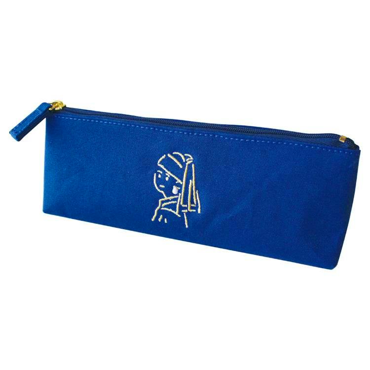Blue canvas pencil case shown on a white background with a white embroidered girl profile on the front.