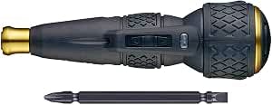 Vessel Electric Ball Grip (110th Anniversary gold edition) electric screwdriver in dark drab with gold accents shown next to one screwdriver bit.