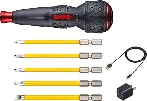Ball-grip electric screwdriver shown with five interchangeable bits, a USB Type-C charging cable, and a USB power adapter.