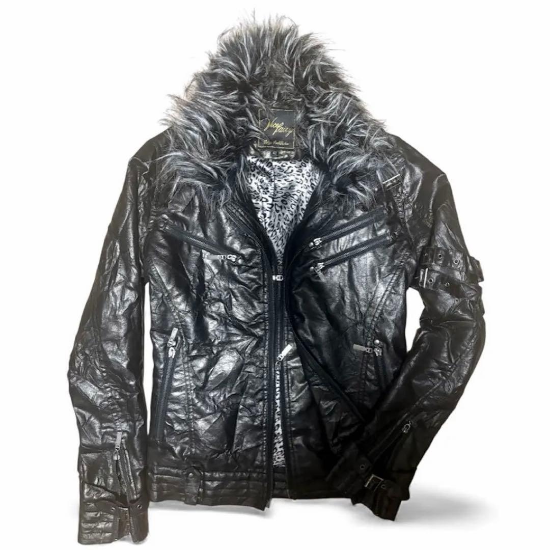 Black cow leather men's jacket with a faux-fur collar and multiple zip pockets laid flat on a white background.