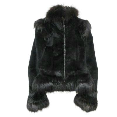 Front view of a black zip-up women’s jacket with fur collar and fur-trimmed cuffs.