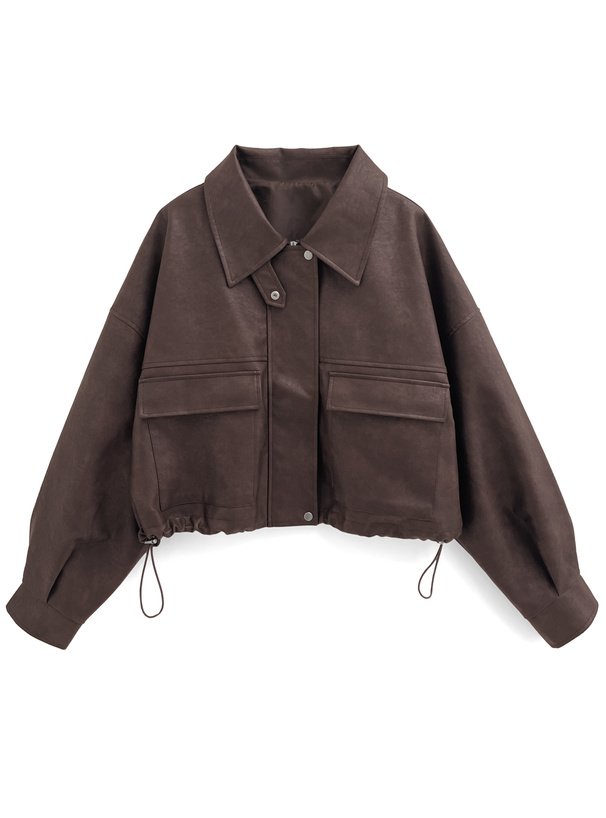 Brown women's jacket from product 襟2Wayヴィンテージレザージャケット[pp186] (polyester) shown flat on a white background with a collar, flap pockets, drawstring hem, and long sleeves.