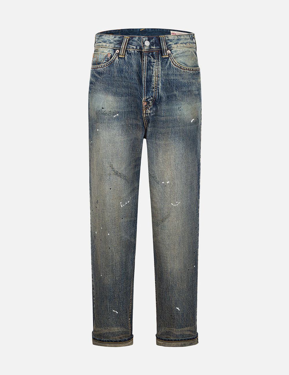 Front view of the men's 7-pocket vintage-washed loose fit jeans with faded finish and paint-splatter distressing.