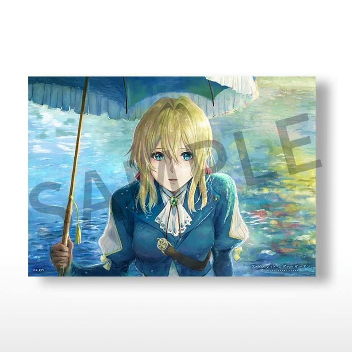 Cover image showing an illustration of Violet Evergarden holding an umbrella above water with a SAMPLE watermark.