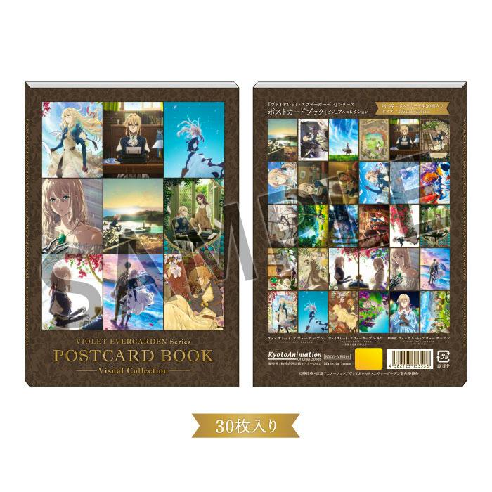 Front and back cover of the Violet Evergarden postcard book (Visual Collection) shown side by side with a banner indicating 30 cards.