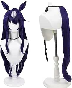 Front and side views of a long blue and white synthetic cosplay wig with horse ears and a separate long ponytail displayed on mannequin heads.
