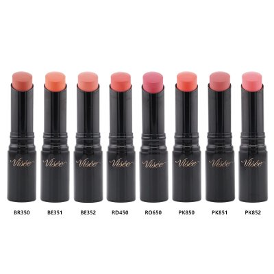 Eight VISEE lipsticks in black tubes showing eight different shades lined up.