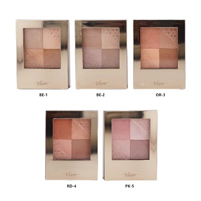 Five Visee eye shadow palettes shown in a grid labeled BE-1, BE-2, OR-3, RD-4, and PK-5.