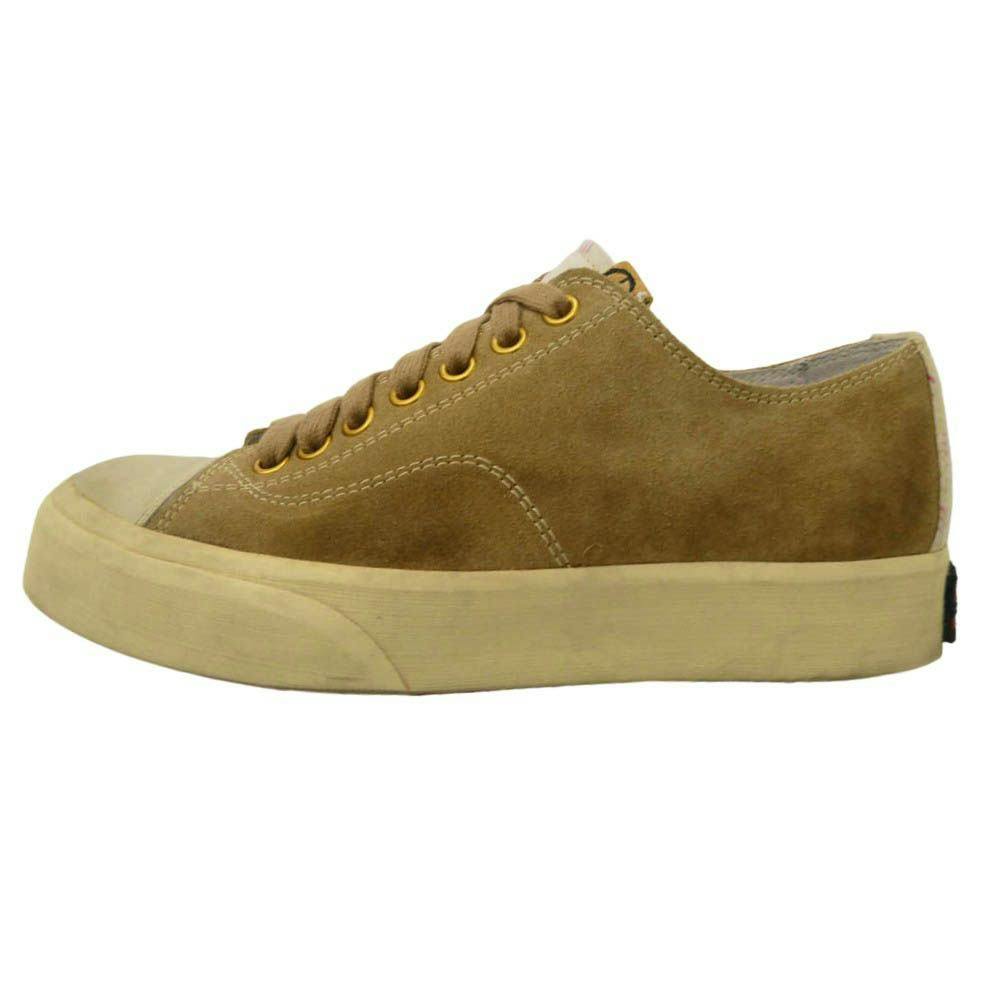 Side profile of a light brown/beige VISVIM Skagway low-cut sneaker.