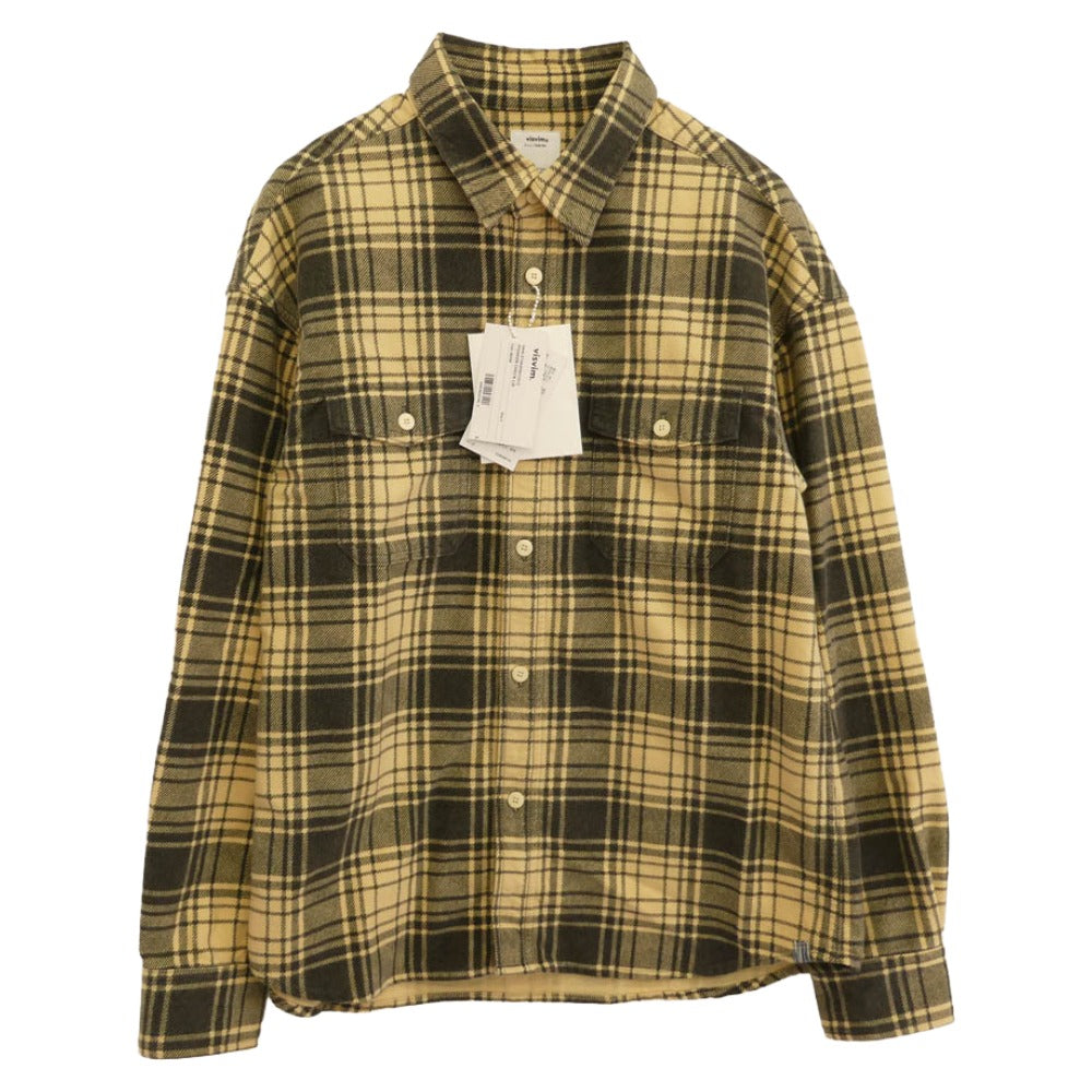 Front view of the beige check long-sleeve men's shirt showing buttons, chest pockets, and attached tags.