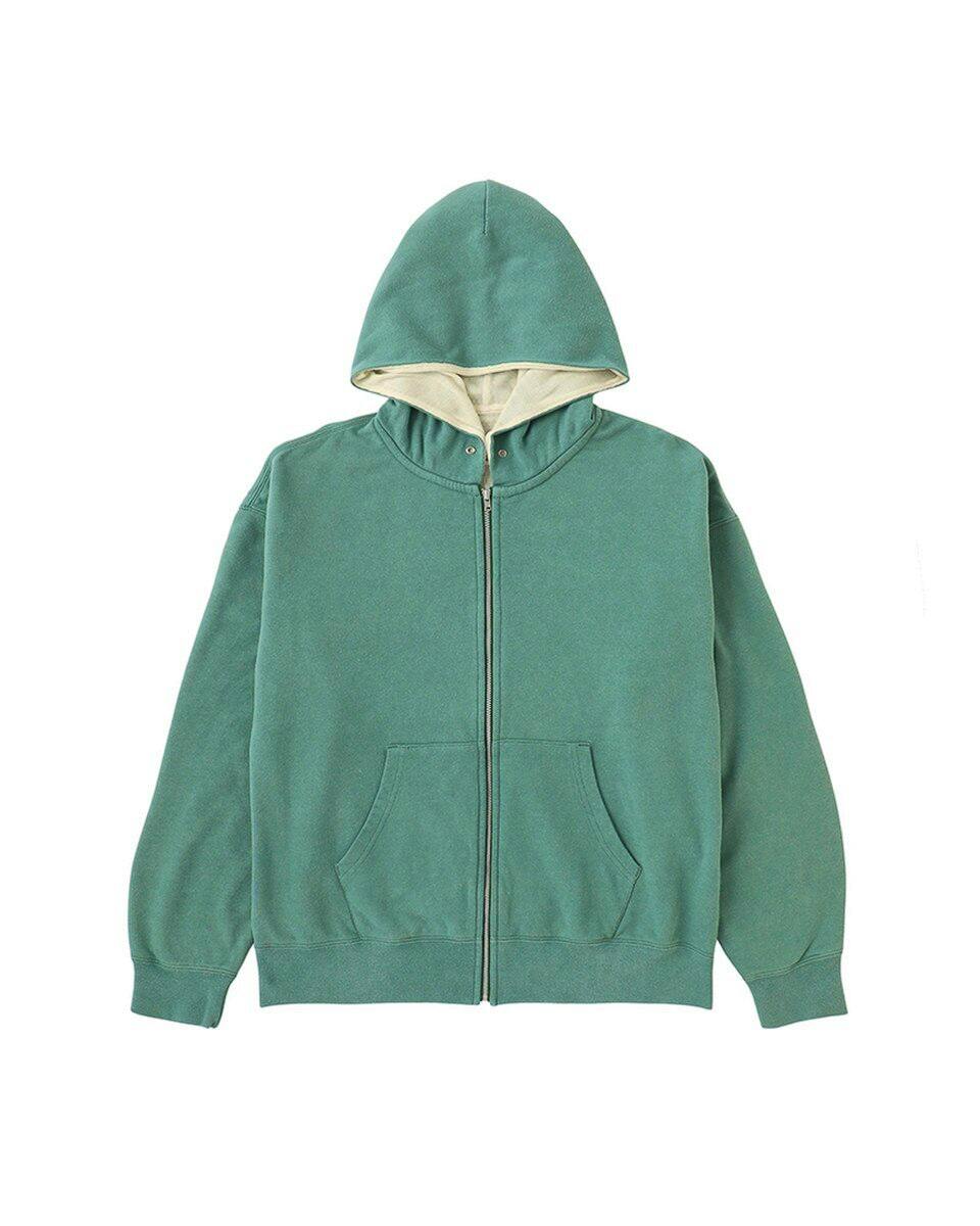 Front view of a green visvim full-zip dual hoodie laid flat on a white background.