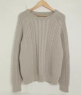 Gray visvim Fisherman cable knit wool sweater (size 2) hanging on a wooden hanger against a white background.