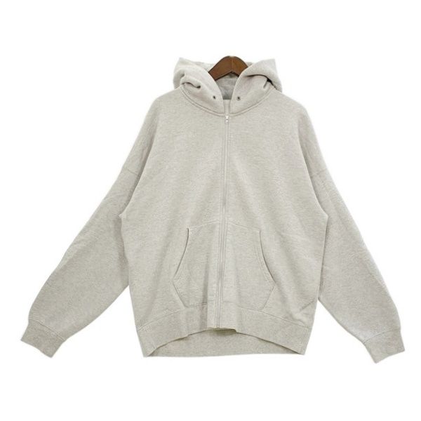 Gray men's zip-up hoodie sweatshirt on a hanger showing the front view.