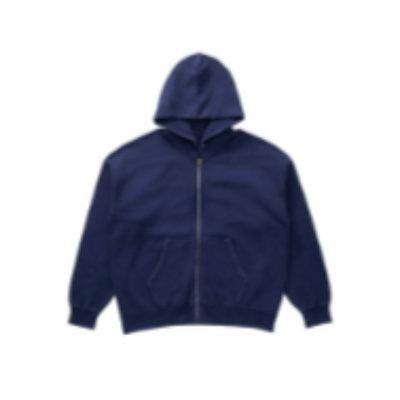 A navy zip-up hoodie laid flat on a white background.