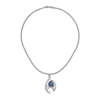 Silver-tone Spectre necklace with a chain and a curved pendant featuring a blue stone.