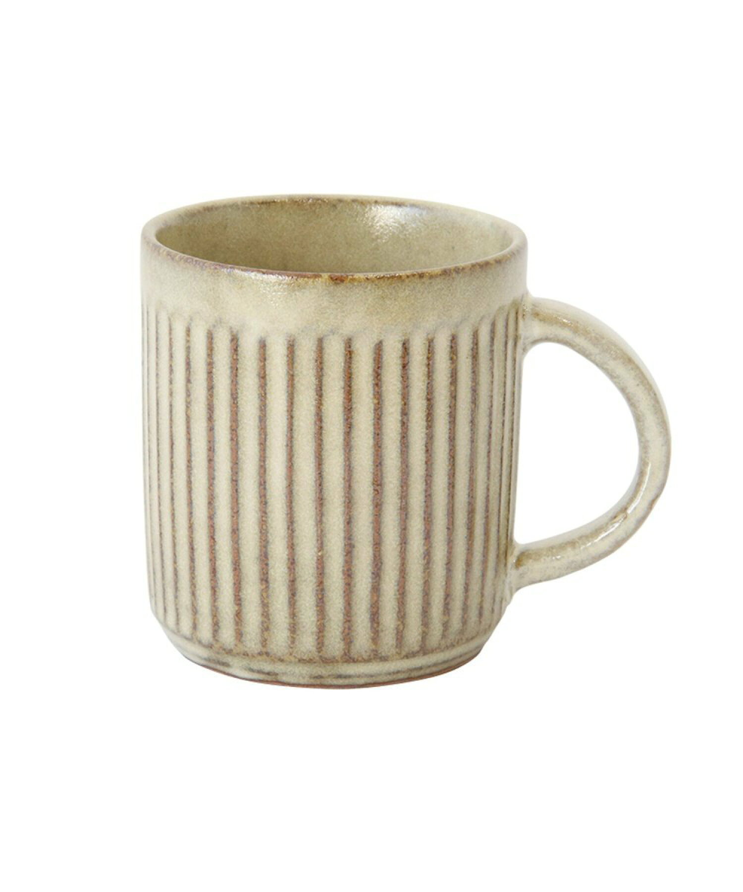 A ceramic ribbed cream-colored mug with a handle shown on a white background.