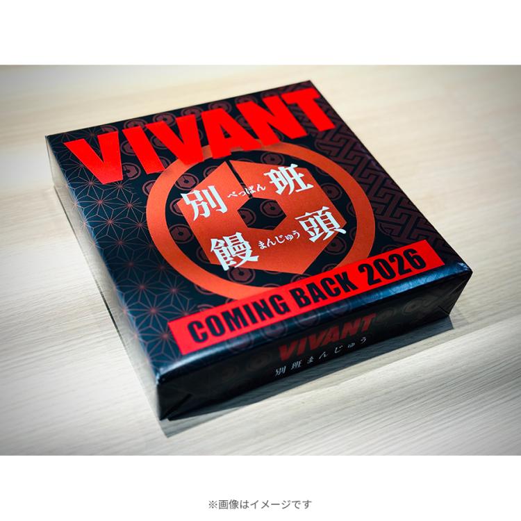 Boxed VIVANT COMING BACK 2026／別班饅頭 packaged cake with black and red design and visible branding.