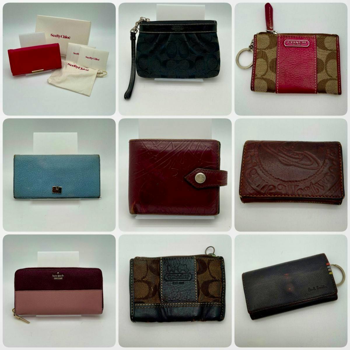 Collage of nine assorted branded wallets and small key cases displayed on a white background.