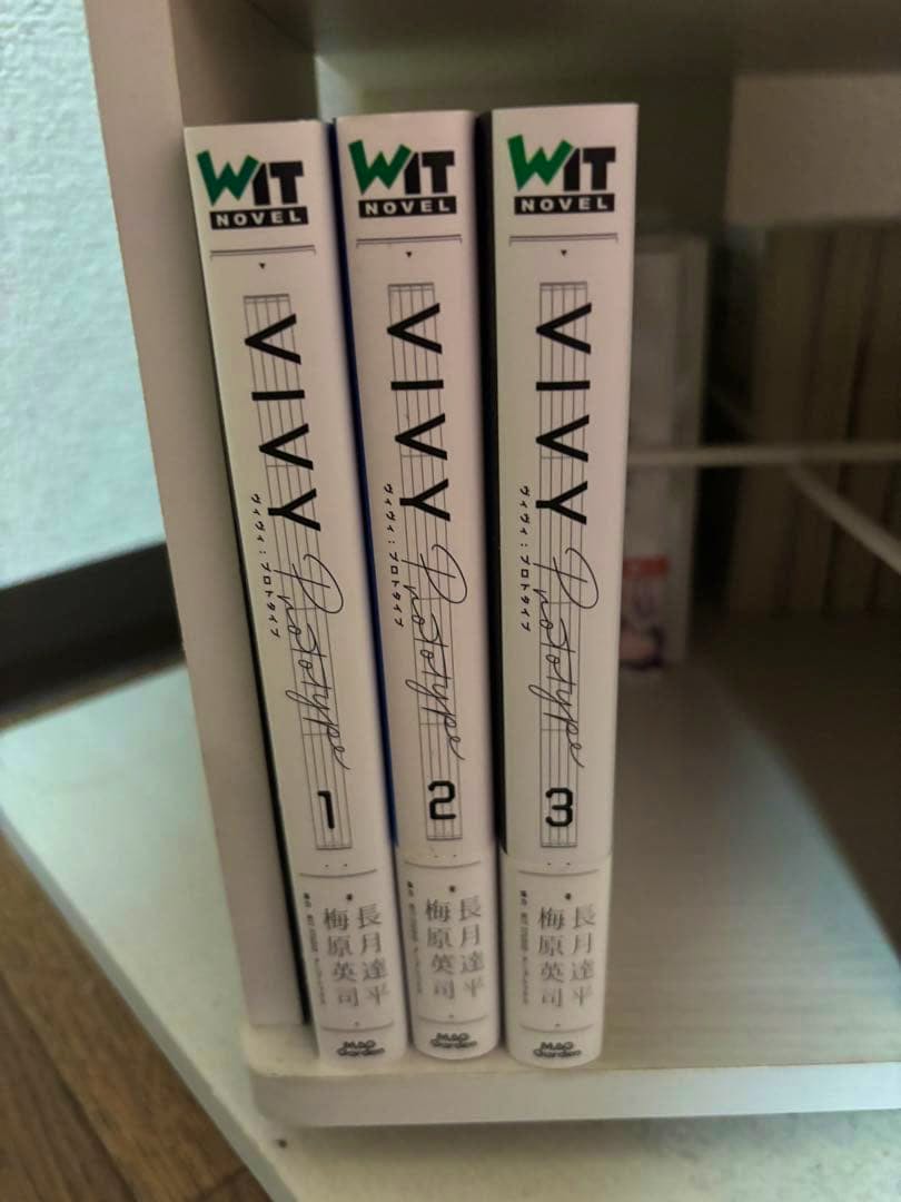 Photo showing the spines of the VIVY WT NOVELS book set volumes 1–3 standing on a shelf.