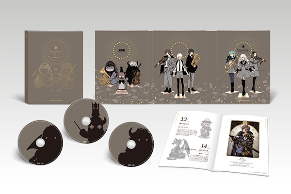 Three CDs, an open fold-out case with character illustrations, the outer slipcase, and a booklet for the Voice of Cards TRILOGY Original Soundtrack.