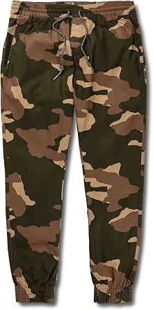 Front view of Volcom men's camo tapered pants with elastic waistband, drawstring, and elastic cuffs.