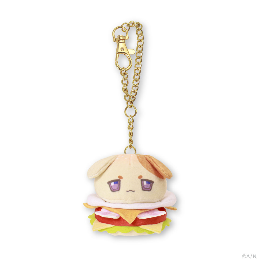 Beige mascot plush keychain styled like a hamburger with lettuce and cheese, hanging from a gold chain and clasp.