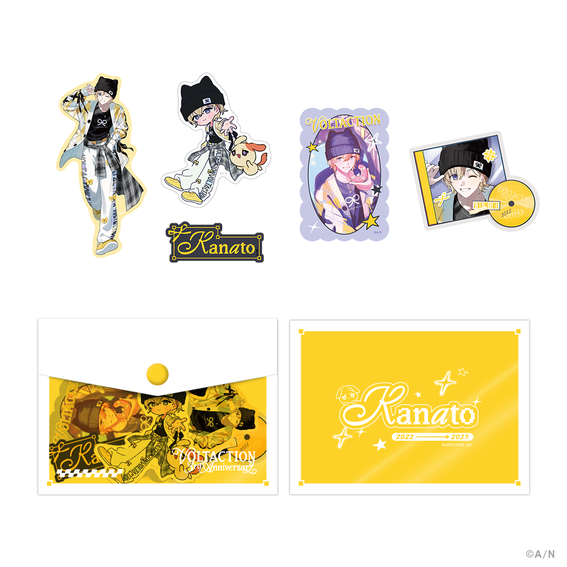 A set of illustrated character stickers laid out above a yellow mini case and backing card on a white background.
