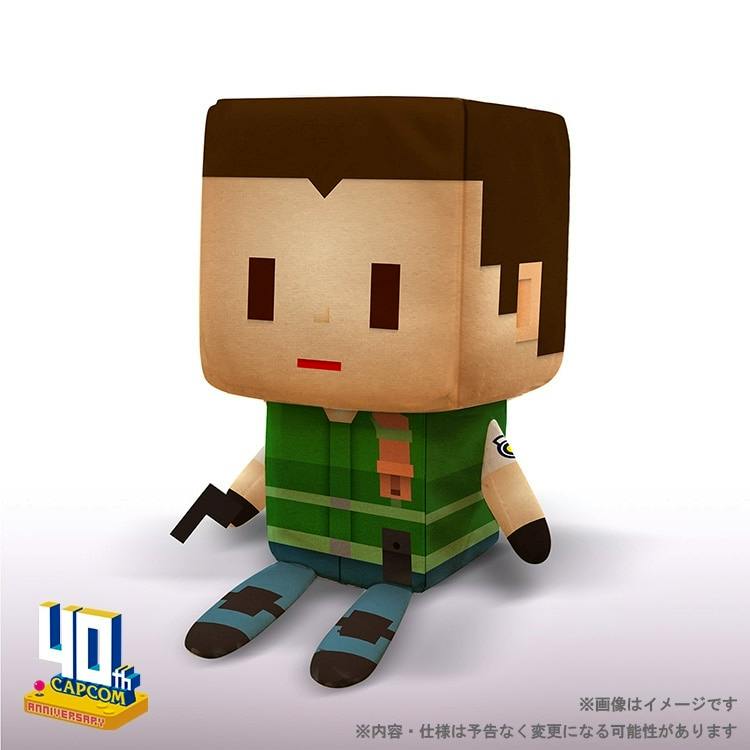 A blocky VOXENATION plush of Chris Redfield wearing a green vest and holding a small black pistol on a white background.