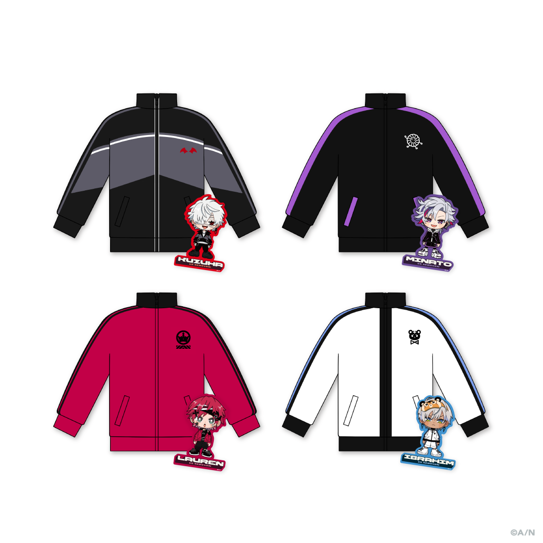 Four illustrated men's jacket designs shown in a 2x2 grid with small character charms.