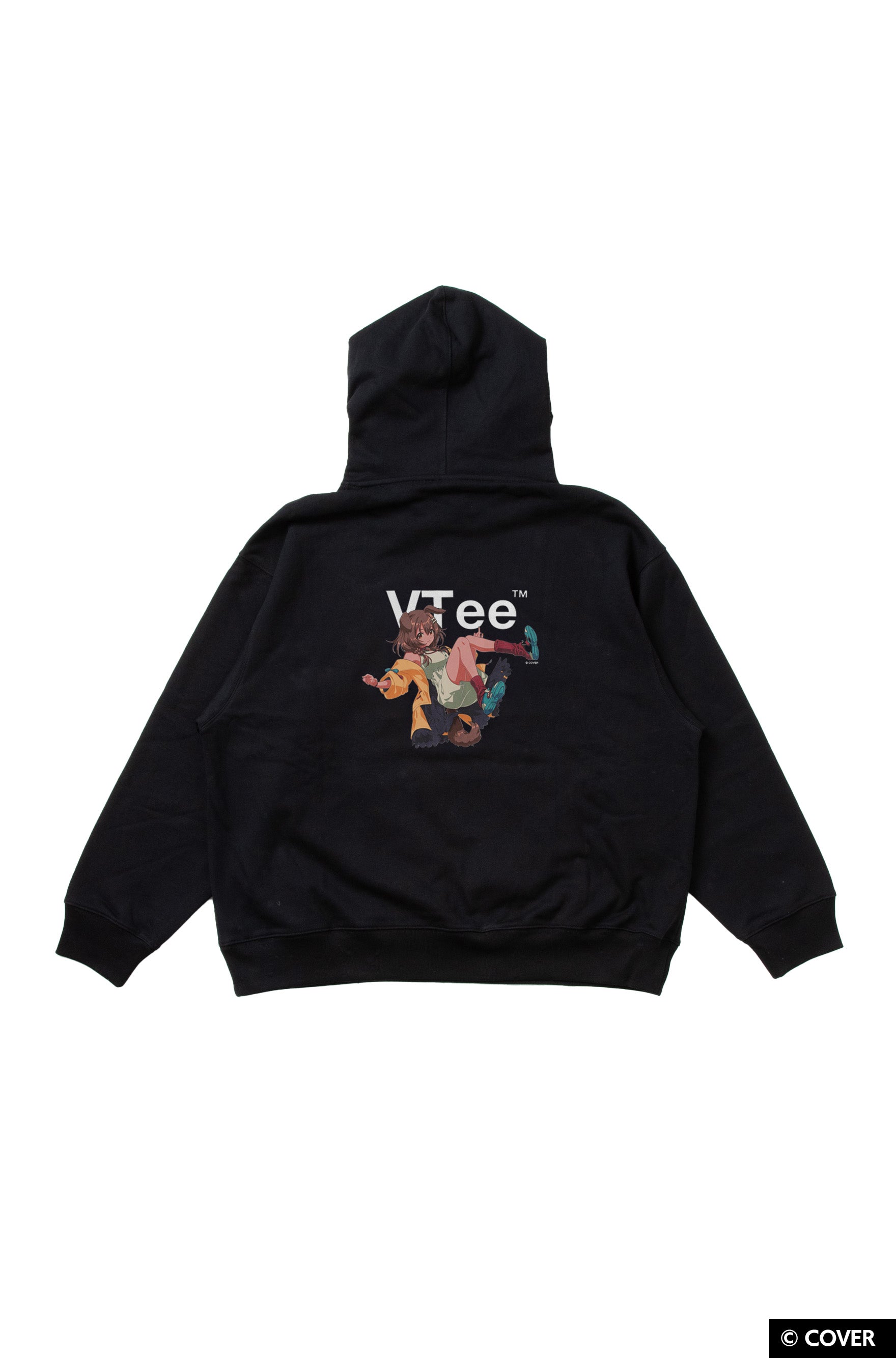 Black pullover hoodie laid flat showing the back with a VTee logo and illustrated character graphic.